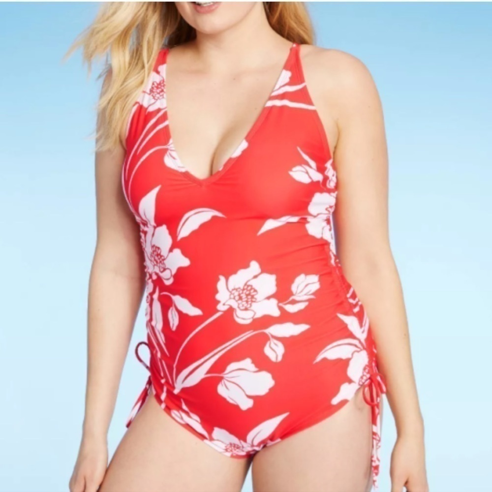 Kona Sol tropical floral one piece ruched side cinched full coverage size 18W